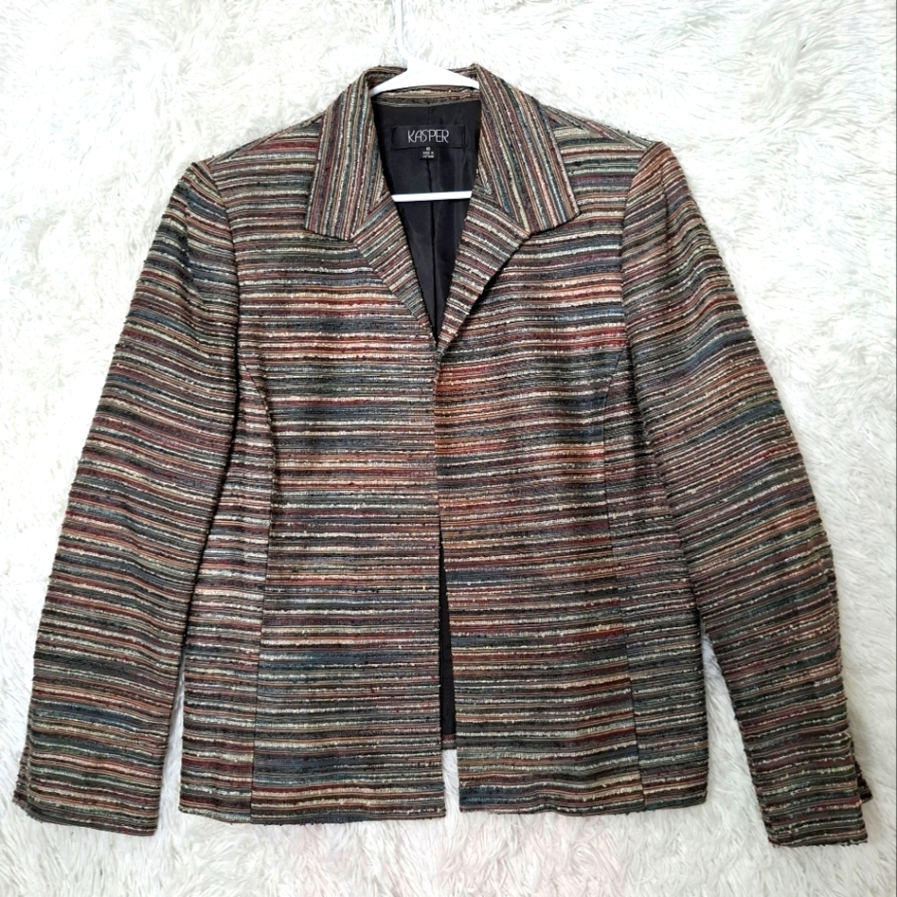 Kasper Rayon Silk Blend Multicolored Tweed Jacket Open Front Collarless Sz 16